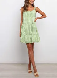 OEM Dress Manufacturer Private Label Custom Spaghetti Strap Ruffled Green Plaid Women Dress
