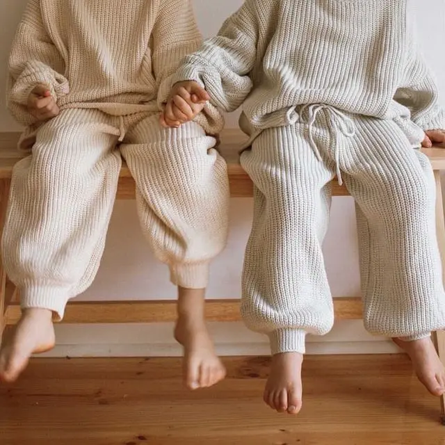 Sustainable Autumn 100% Cotton Comfortable Solid Kids Sleepwear Knitted Sweater Set