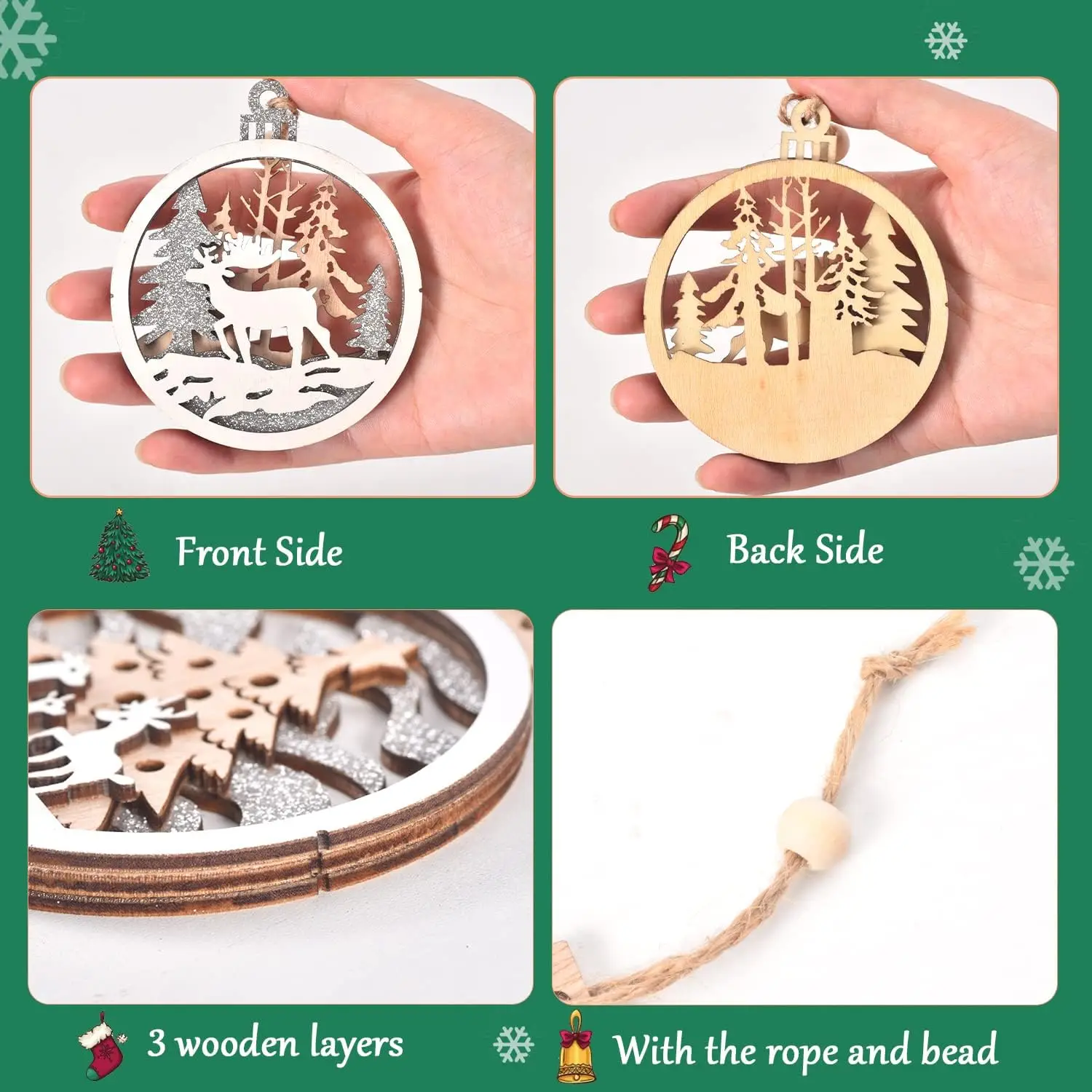 18 Christmas Decorations, Wooden Decorations, Winter Christmas Tree Decorations