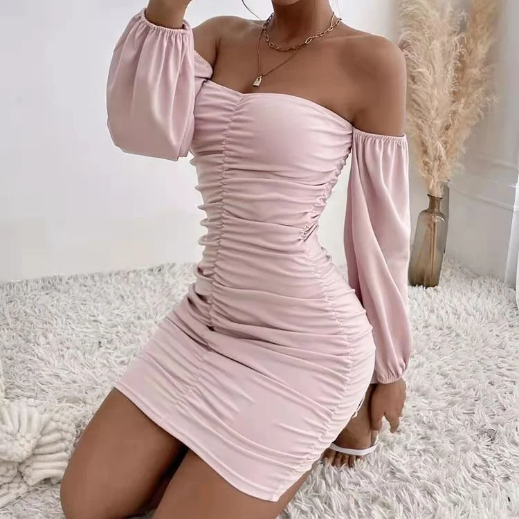 High Quality Women Party Club Dresses Ruched Off Shoulder Lantern Sleeve Bodycon Dress
