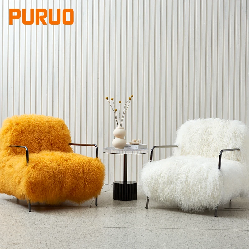 PURUO modern  black titanium stainless steel white sheep wool lounge leisure chair
