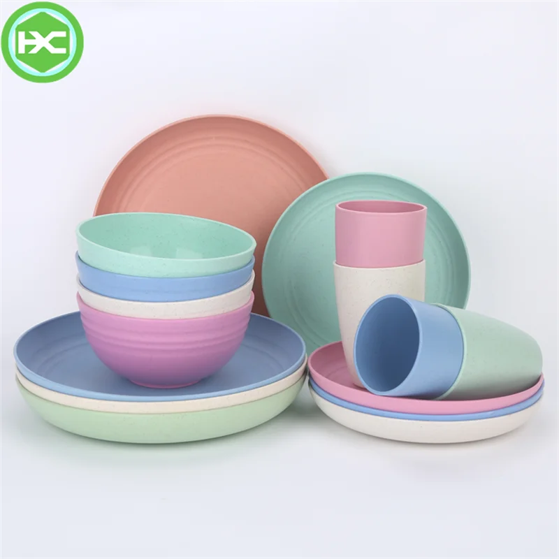 Wholesale Wheat Straw Kids Dinner Set Tableware Degradable Plates Cup Tableware Set Wheat Straw Cutlery Dinnerware Set
