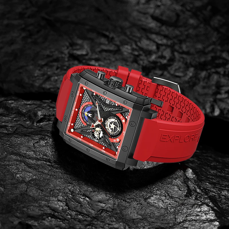 LIGE LG8965 luxury red male quartz watch cool rubber strap moon phase date display chronograph leisure wrist watch