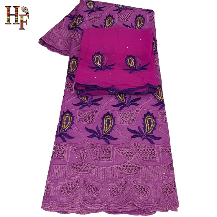 HF 2020 African Embroidery Floral Embroidery Swiss Voile Lace Fabric with Stones and Hollow-Out Design