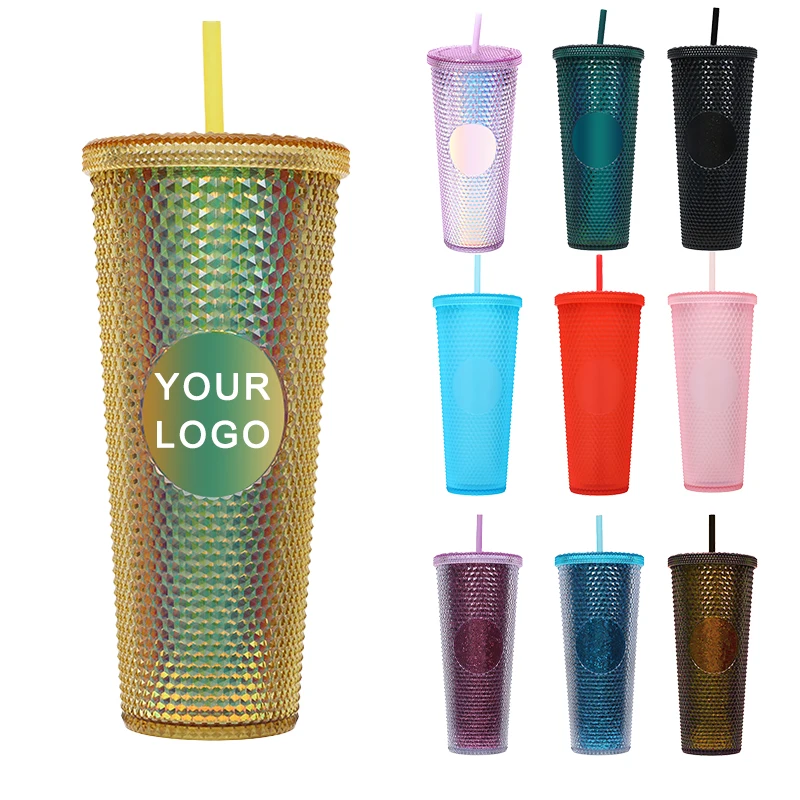 Hot Sale Multi Color Double Wall Plastic 24oz 710ml Studded Tumbler With Lid And Straw