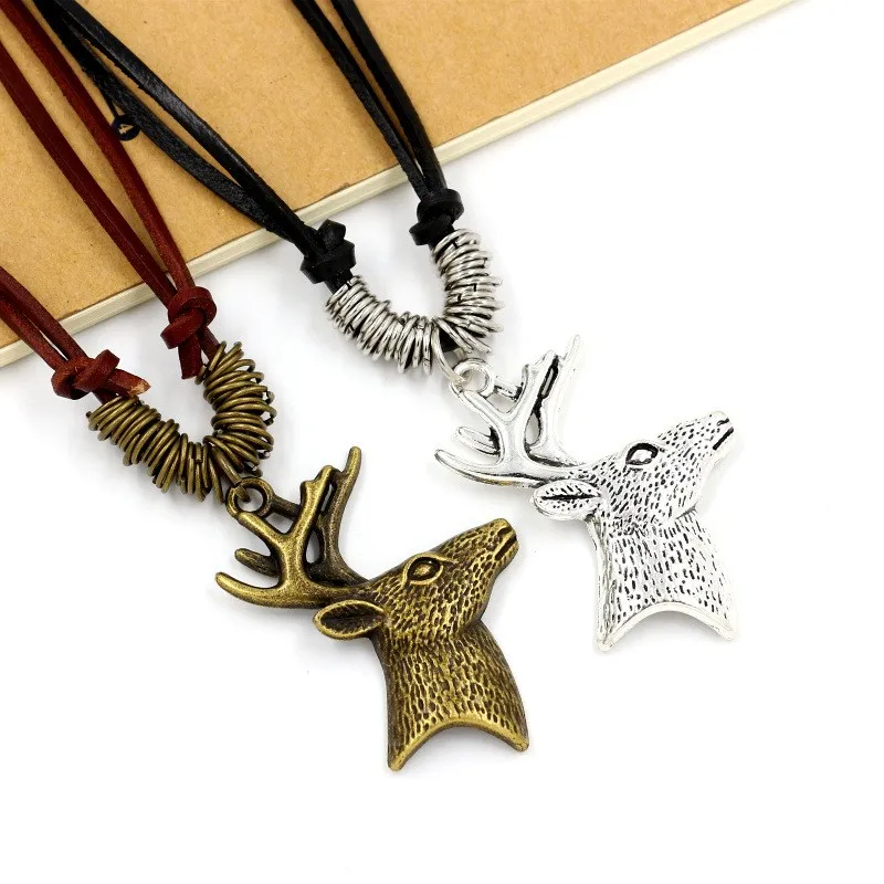 Boys Jewelry Personalized Long Sweater Chain Adjustable Size  Ancient Silver Alloy Deer Head Pendant Necklaces for Men