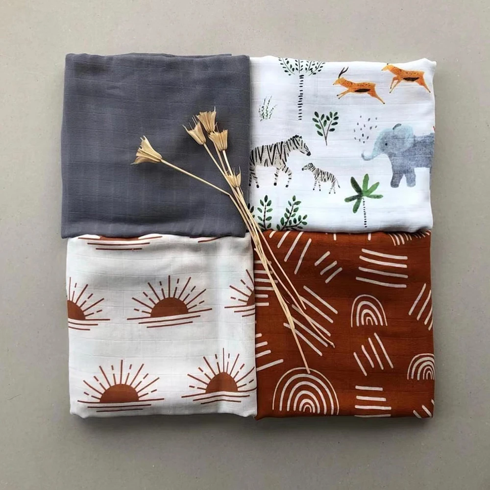 2023 Rainbow Sun Organic Bamboo Cotton Newborn Infant Wraps Set 120x120cm Boho Baby Muslin Swaddle Blanket