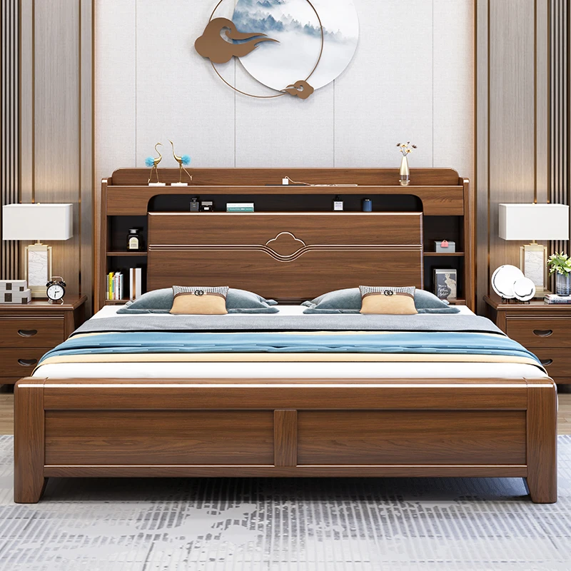 Light luxury gold silk sandalwood solid wood bed 1.5 meters 1.8 meters double high box leather soft storage bed