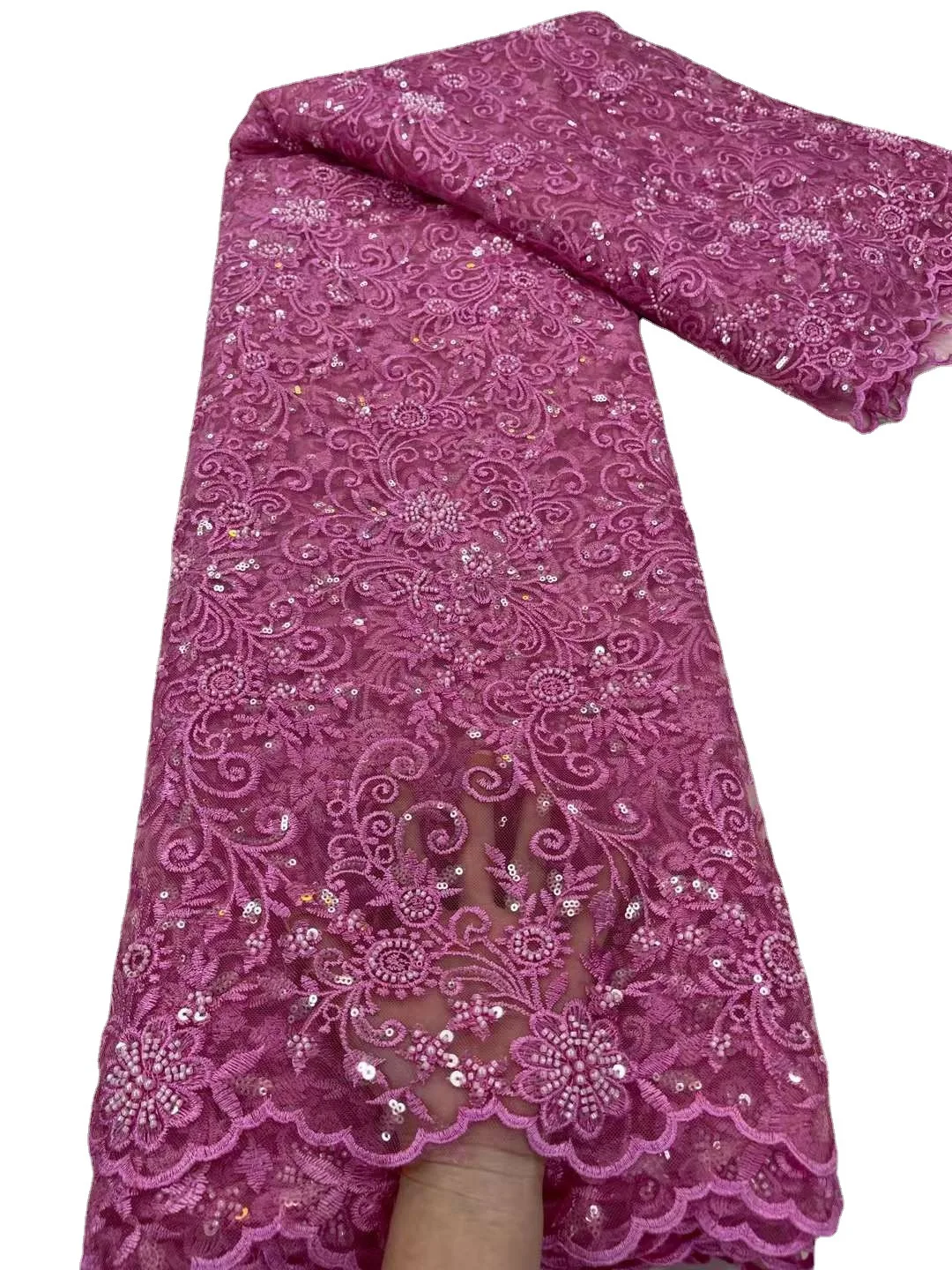 LS561 African Bead Lace Embroidery Fabric Sequins Bead Tube Mesh Gauze Fabric For Party  Dress Wedding Dress