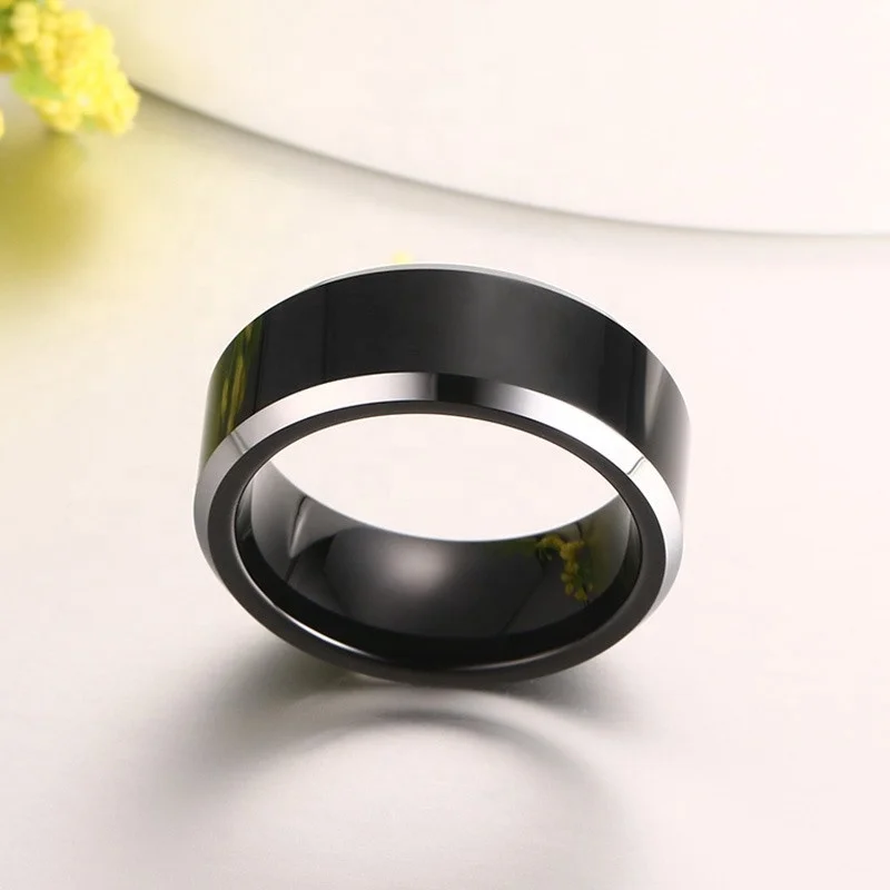 Non Tarnish Fadeless Plain Wedding Band 8mm Silver Polish Beveled Edge Black Tungsten Carbide Ring