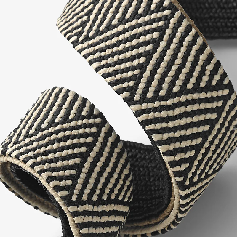 PP Straw Braided  Vintage Knitted Waist Skinny Dress Belt Woven Elastic Stretch Raffia Belt For lady Plastic Wooden Buckle