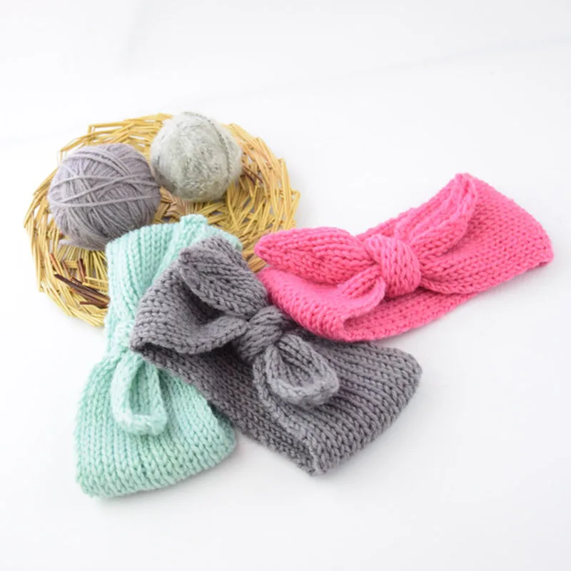 HZO-24130 Hot selling kids knitted hair bands solid color bunny ear hair wraps little girls bow knot crochet headbands for baby