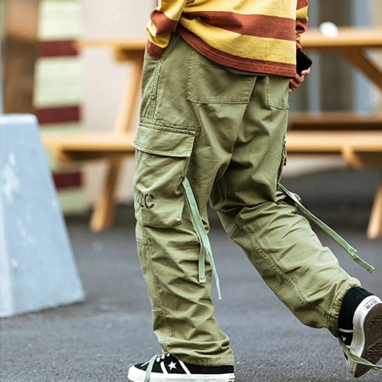Wholesale autumn trendy men cotton vintage wide leg multi-pockets functional ribbon trim oversized baggy cargo pants