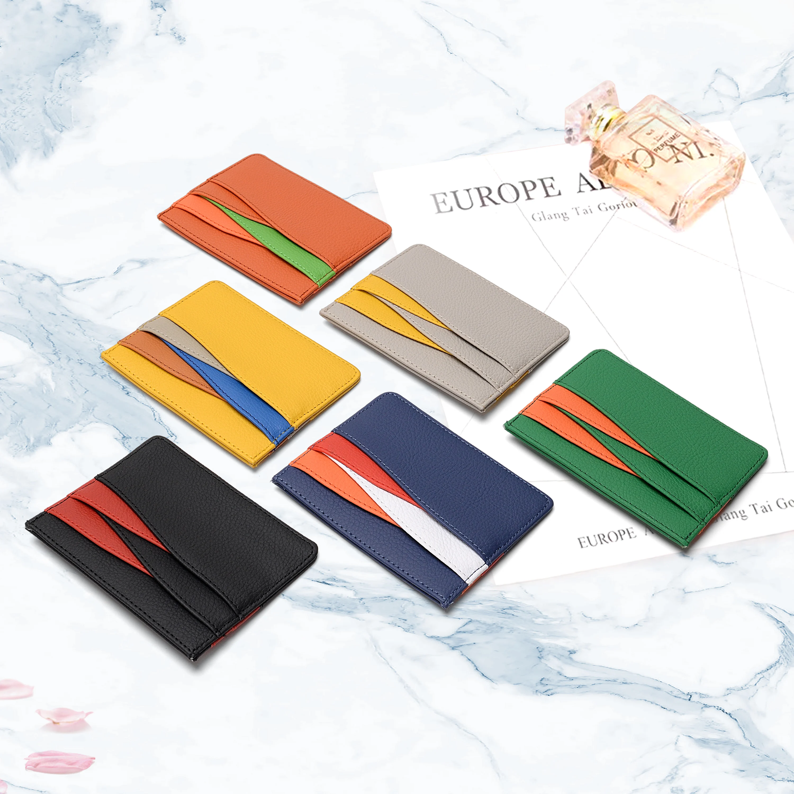 Multicolor Double Spell Card Holder Personalized Cardholders Faux Saffiano Pebbled Leather Credit Card Holder Wallet