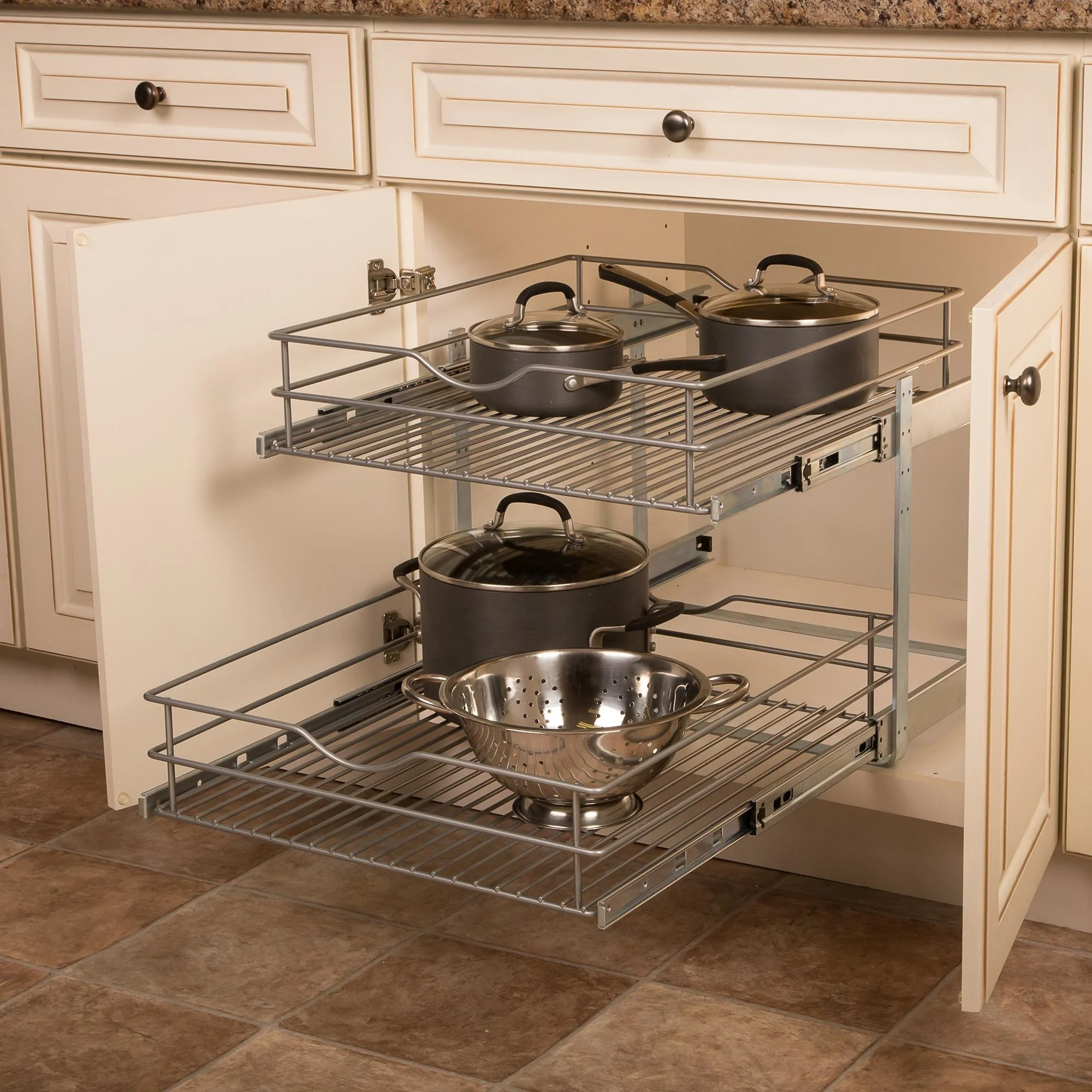 Knape & Vogt DBLMUB-14-R-FN Double-Tier Multi Pullout 11 14 17 in. inch pull out sliding drawer Wire Basket, Frosted Nickel