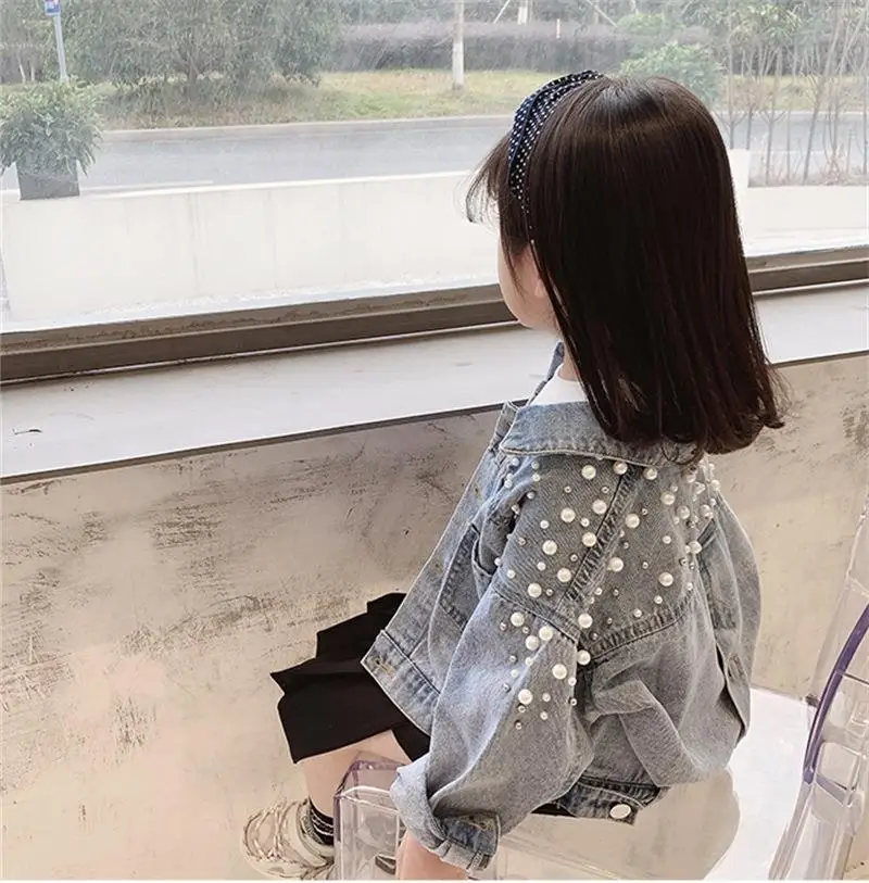 Wholesale Girls Lapel Denim Jacket Spring Autumn Pearl Decorative Children Denim Top Coat Jacket Kids Denim Jacket
