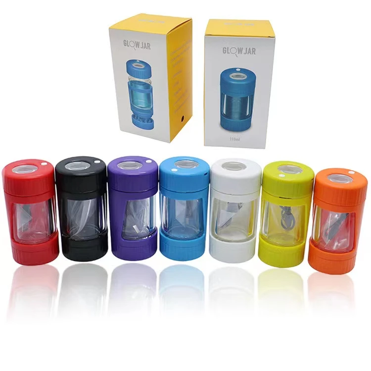 Hot Selling Smell Proof Glass Container Bottle LED Airtight Storage Magnifying Glowing Jar with herb grinder