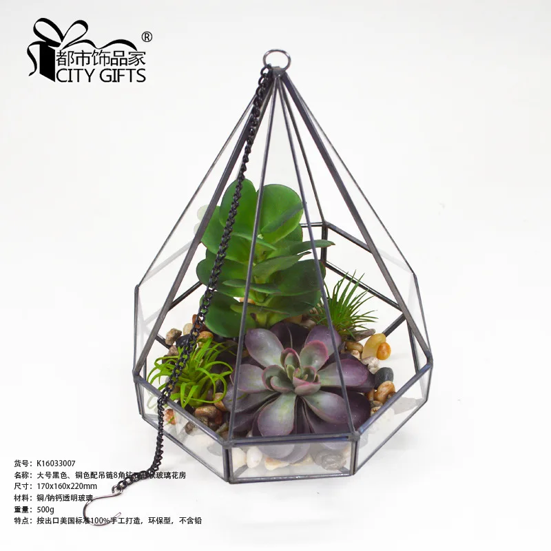Factory direct large black copper with hanging chain 8 angle diamond shape glass flower house plant planting container