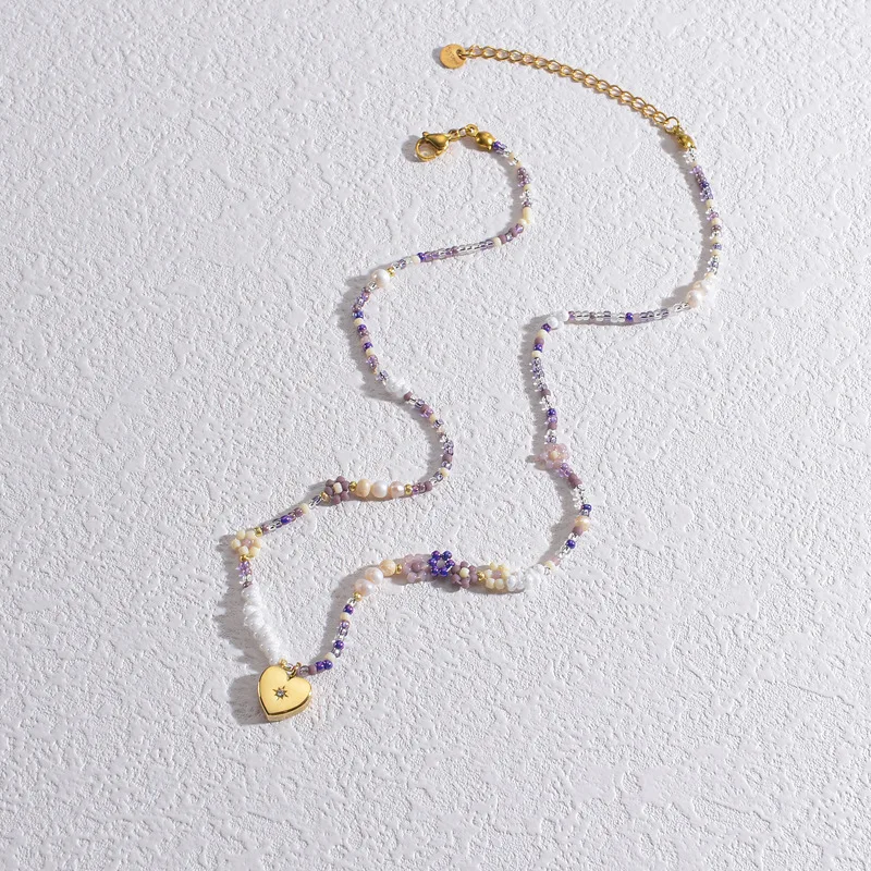 Stainless steel colorful elegant beaded flower heart pendant necklace for women girl