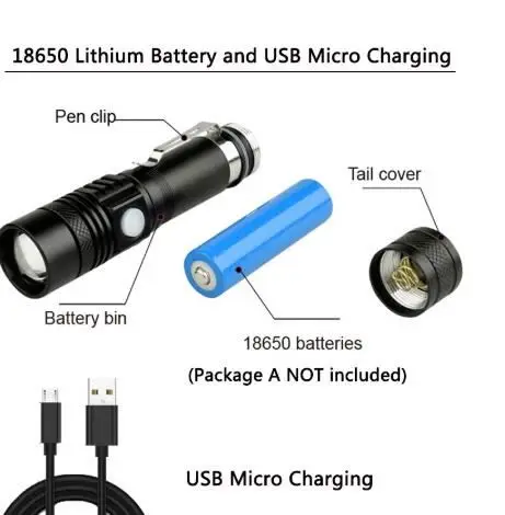 3 Modes Zoomable Skid-proof Aluminium 2000mah 10w T6 Waterproof Flash Light Usb Rechargeable Led Tactical Flashlight with Clip