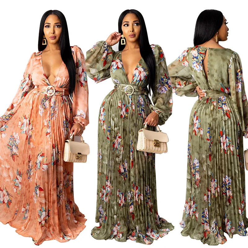 Fashion Ladies Maxi Dress Long Sleeve Sexy V-Neck Pleated Floral Print womens dresses