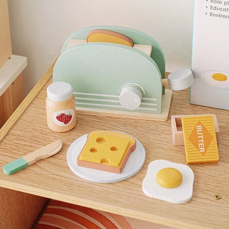 Wooden Toaster Machine Toy Set Parent-child Game Children Montessori Toys Role Pretend Play Toys for Kids Toddlers