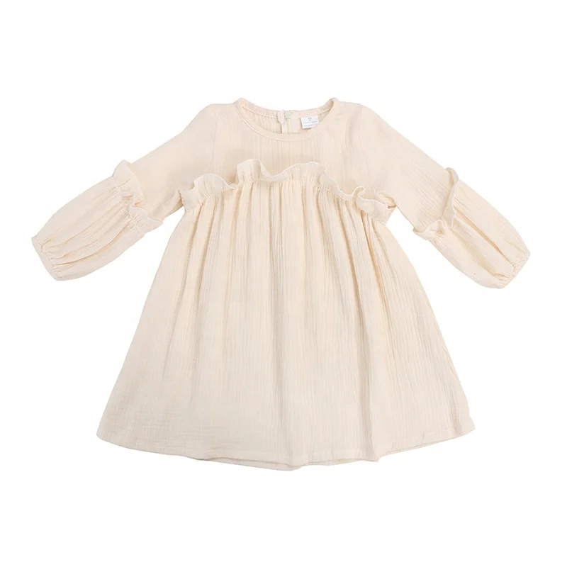 2024 Wholesale long sleeve solid linen children frocks designs girls kids dresses