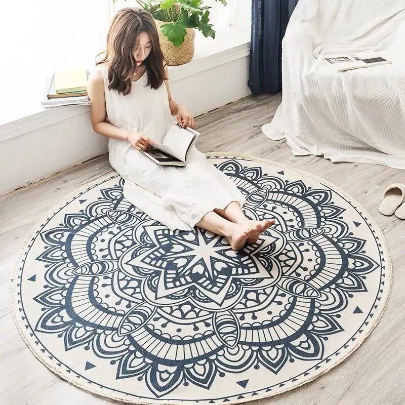 Nordic INS Round Area Rug For Bedroom Ethnic Style Bohemia Woven Cotton Linen Rug Carpet Knitting Floor Mat 90cm 120cm 150cm