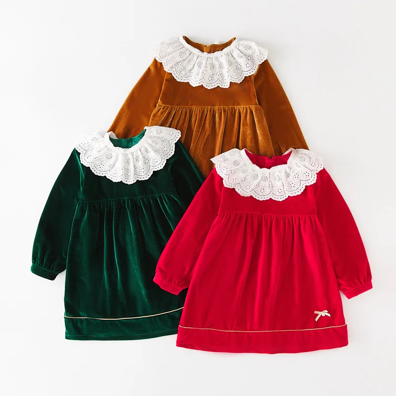 dg063 Christmas red green little baby girls velvet dresses infant toddler kids lace ruffles dress princess clothing