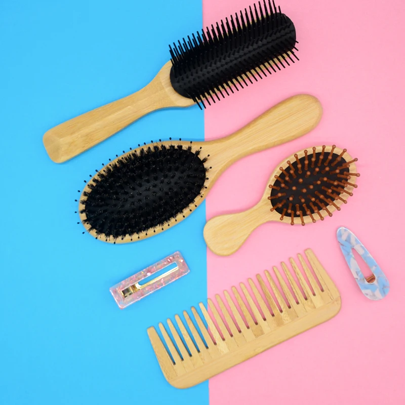 Custom logo brush and wide tooth comb set boar bristles paddle bamboo hair brush for Men and Women curly thick hair