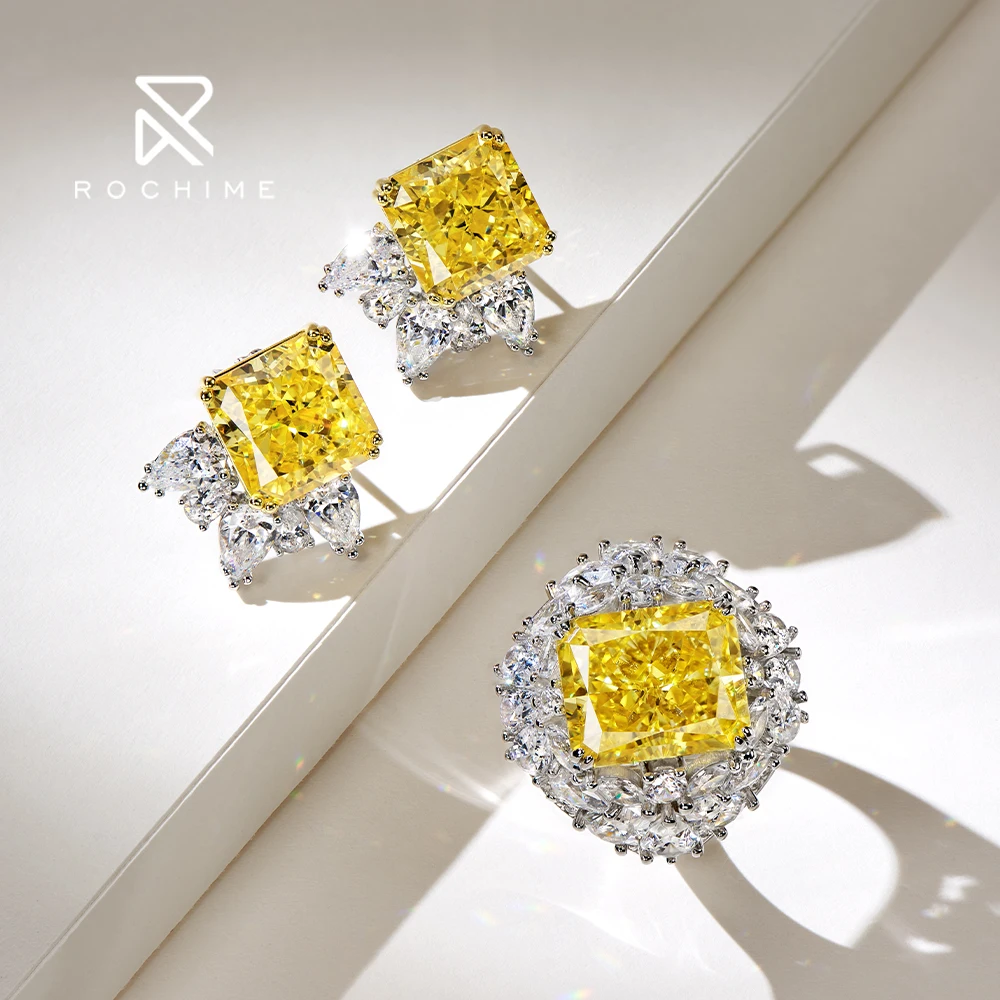 Rochime luxury  yellow gemstone cz diamond rings 925 sterling silver gold plated 5a zircon high quality fine jewelry trendy ring
