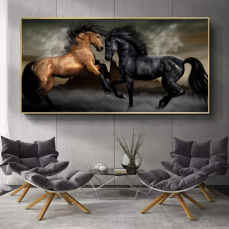 Modern Animals Posters and Prints Wall Art Canvas Painting Two Horses Dancing Pictures for Living Room Decor