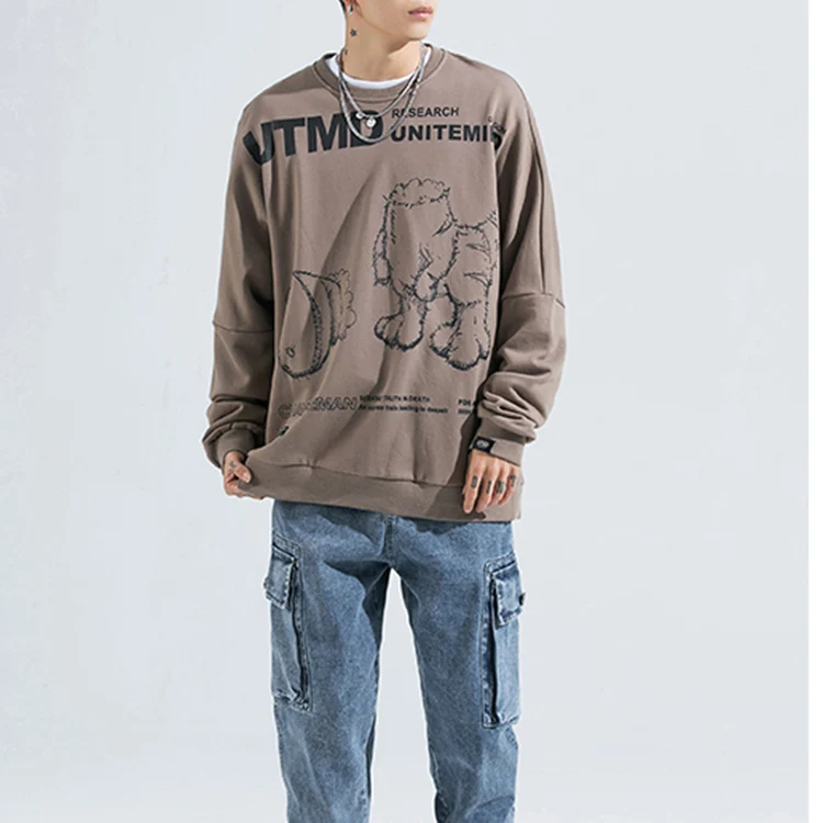 Хлопковый махровый свитшот с длинным рукавом, круглым вырезом и принтом динозавра