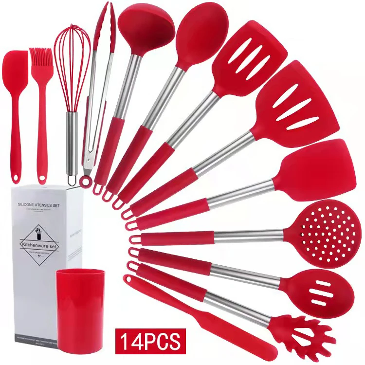 Home Kitchen Cooking Utensil Stainless Steel Handle And Silicone Cooking Tool Red 14 In 1 Silicone Kitchen Accessories Set