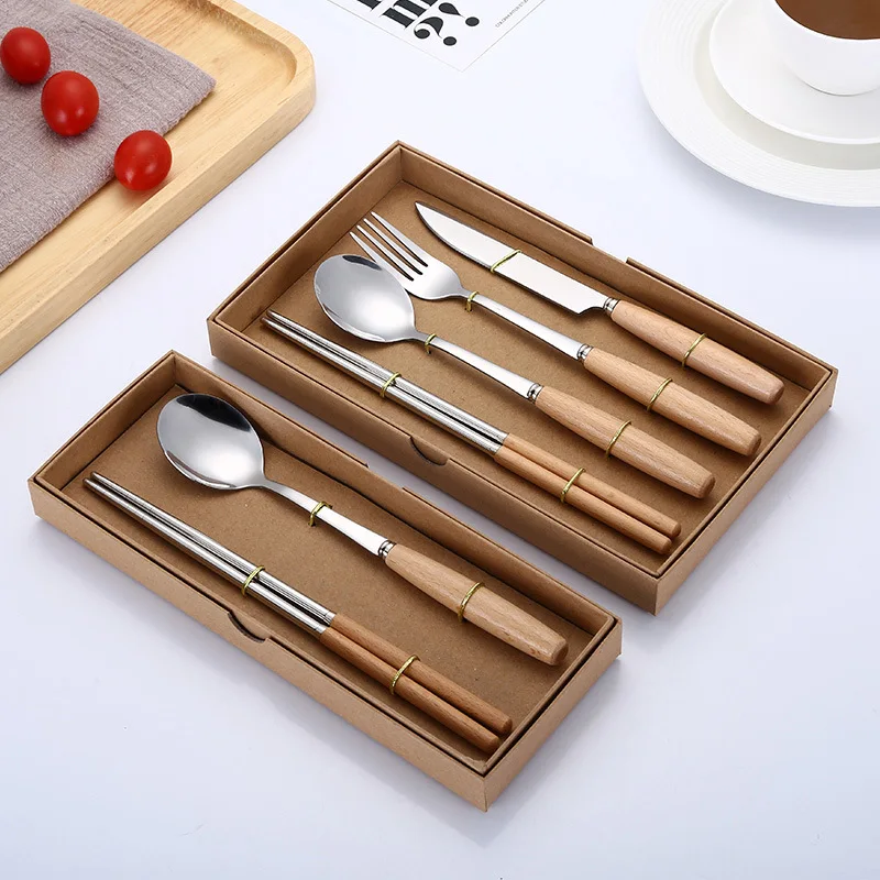 Reusable Eco Friendly 4 pieces  Stainless Steel Cutlery Set Wooden Handle Knife Fork Spoon chopsticks with gift box packaging.