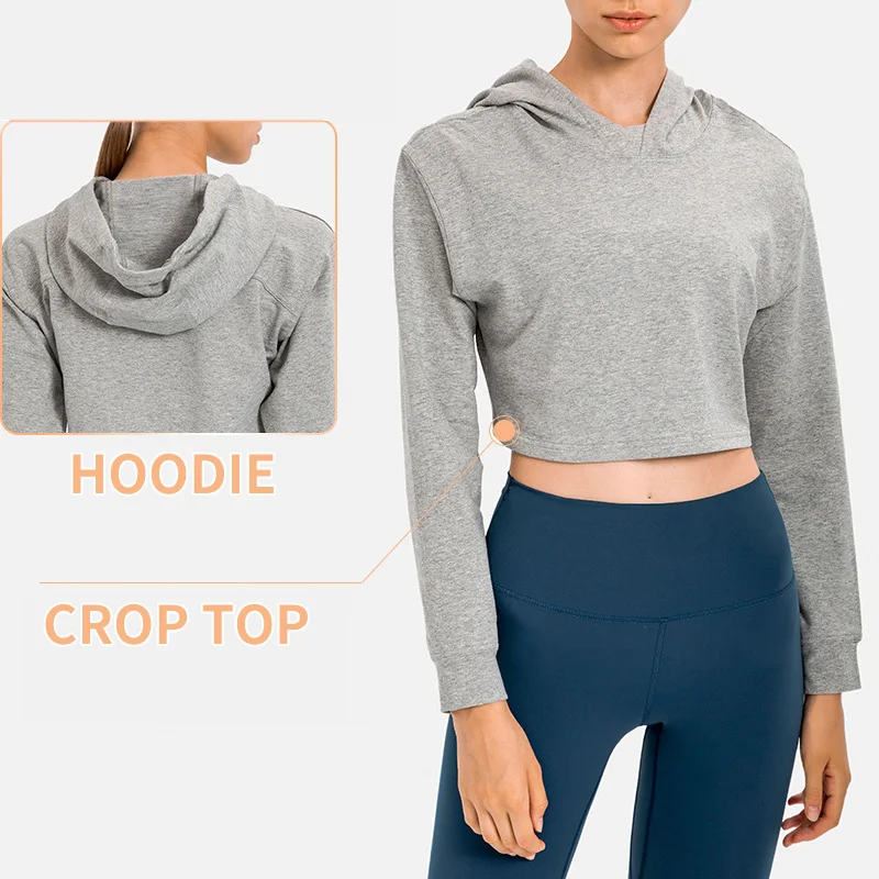 DH016 Cotton Spandex Long Sleeve Workout crop hoodies for women french terry Hoodie Sweatshirt Pullover Sweaters Fall Outfits