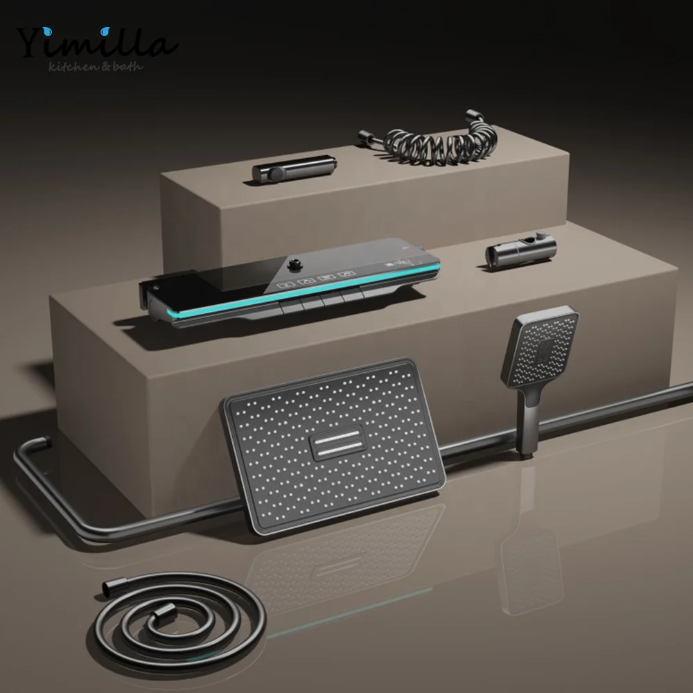 Gun gray hydropower atmosphere lamp shower set waterfall digital LED light Bathroom shower set with filter spray