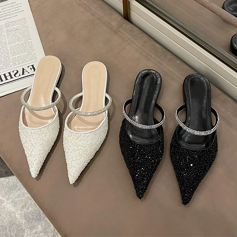 2021 Summer Women Shoes Bling Sexy Zapatillas Mujer Slides PU Fashion Outdoors Casual Pointed Toe Low Heels Flat bottom Slippers