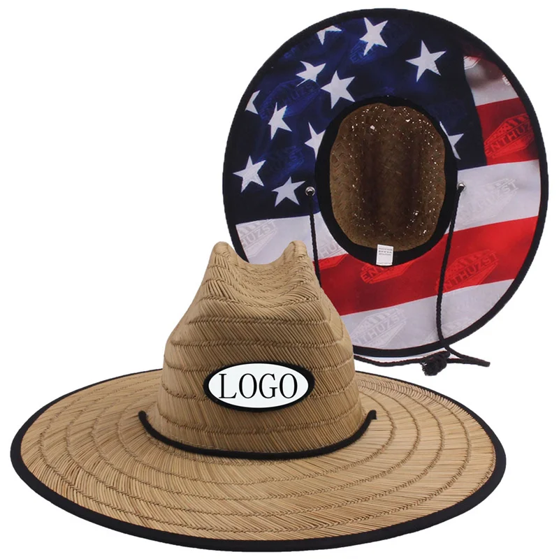 Bulk Wholesale Custom Wide Brimmed Print Hawaiian Summer Travel Beach Lifeguard Straw Hat For Men