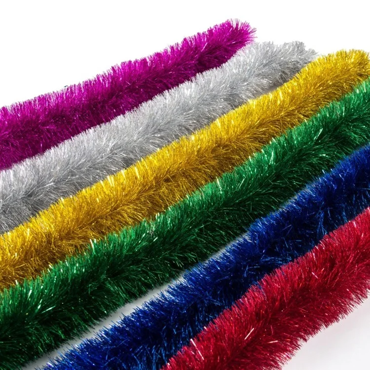Wholesale Good quality low price Festival party decorations wired shiny pet thicken hanging christmas tinsel garland