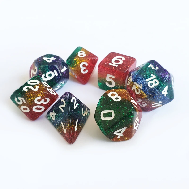 Custom Logo RPG DND Polyhedral Glittering Resin Dice New Design Multiple Layers Colored Bulk Dice Set of 7pcs