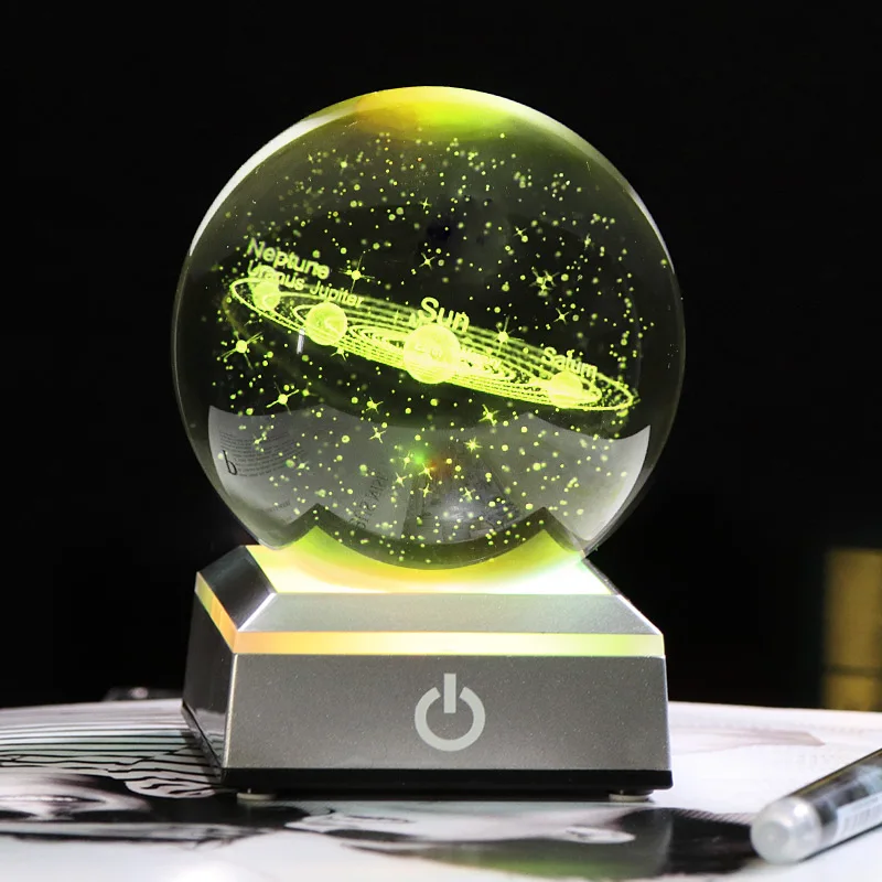 Crystal Solar System Planet Globe 3D Laser Engraved Sun System Ball with Touch Switch LED Light Base Astronomy Gifts