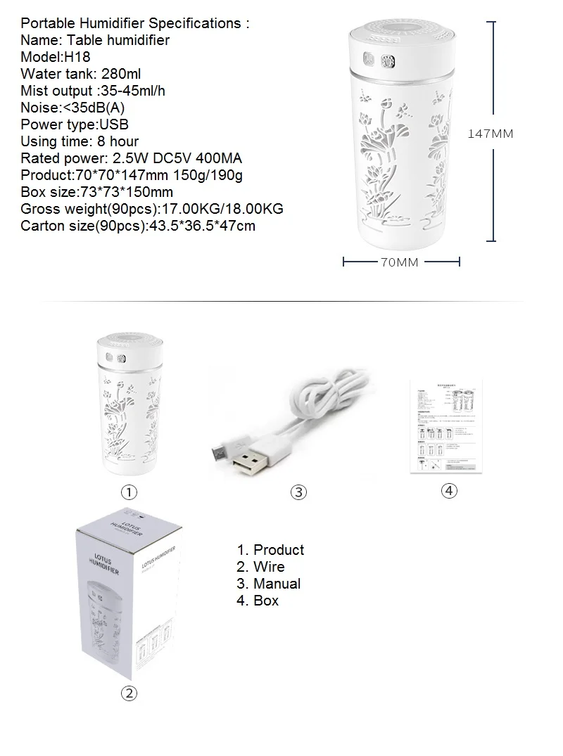 Lotus Flower Cup USB Humidifier 250ml Home Lovely Min Oils Diffuser
