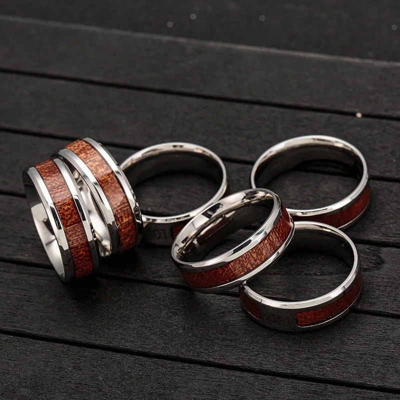 Titanium steel Inlaid koa ring with tree cross stainless steel jewelry