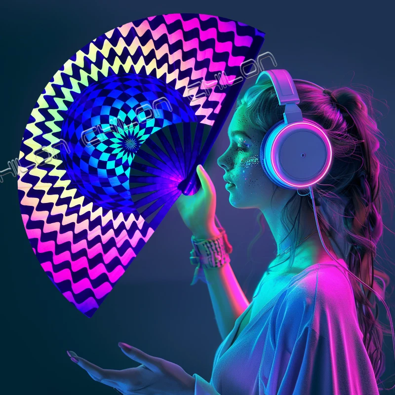 UV Festival Folding Hand Fan with Bamboo Ribs Folding Fans with Fabric Case Glow in dark