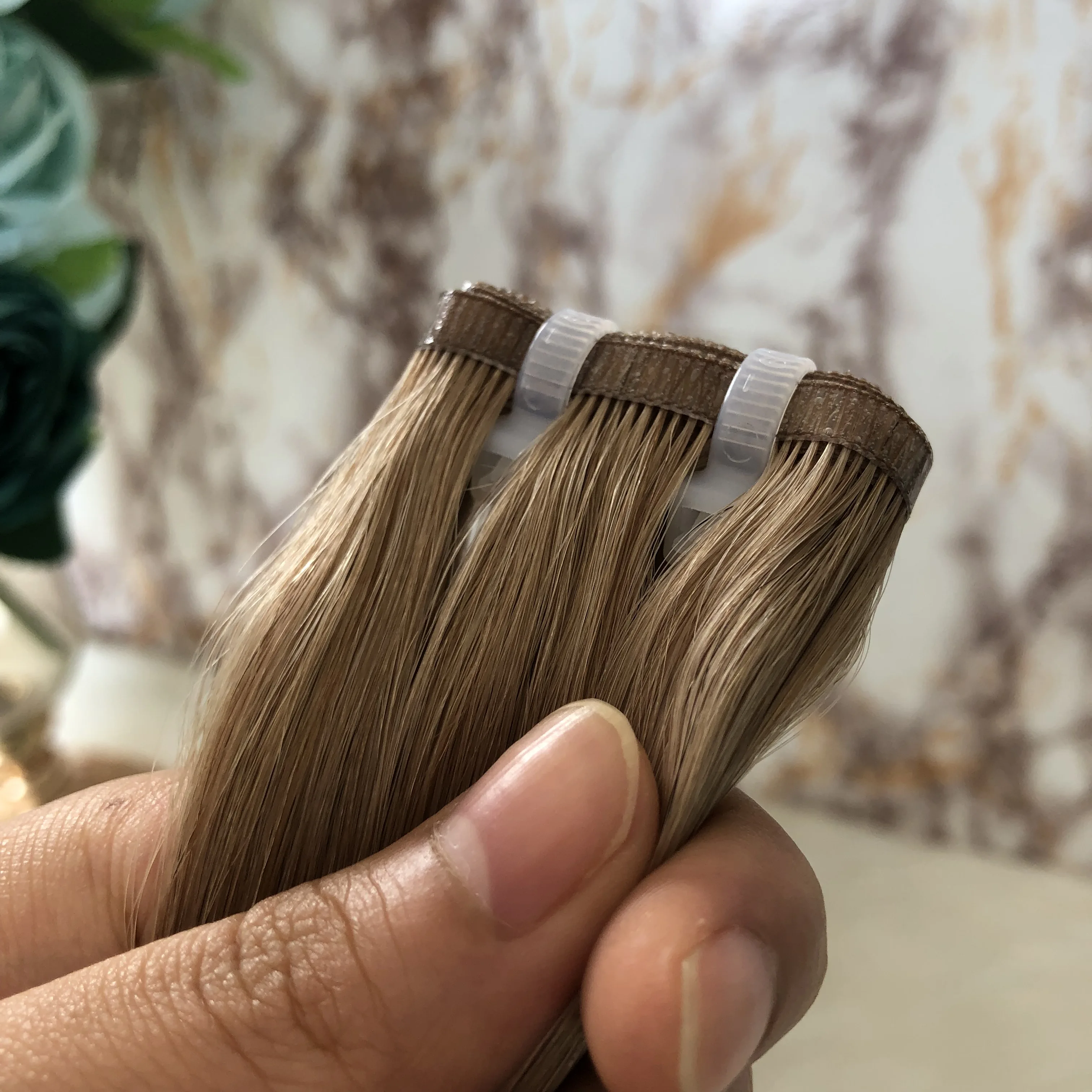 Top quality 12A grade Perfect Volume Double drawn Thickness Russian Flat Weft seamless hand tied skin pu weft Hair Extension