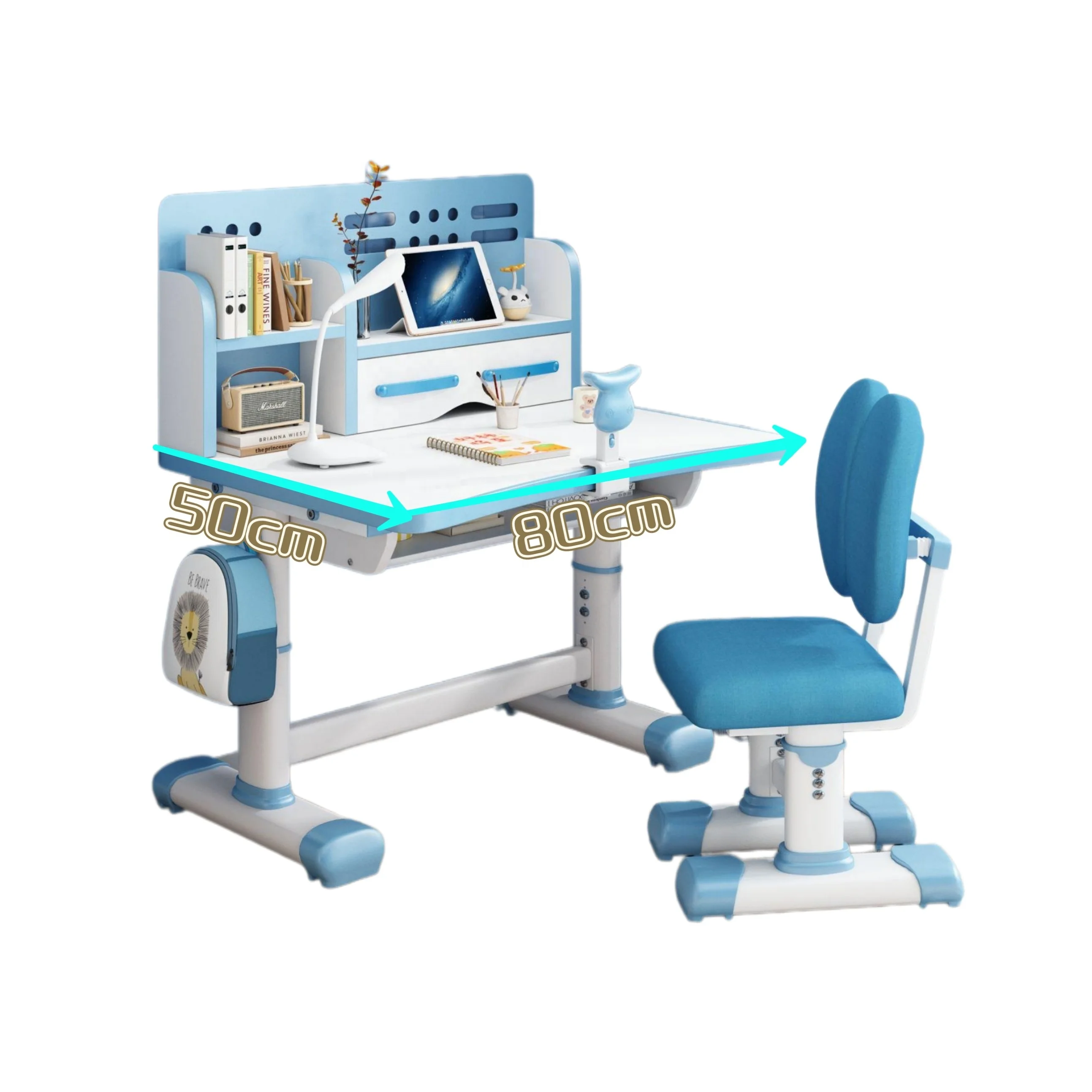 Kids Study Desk and Chair Set Height Adjustable Children School Table Large Writing Board Desk with Drawer Bookstand