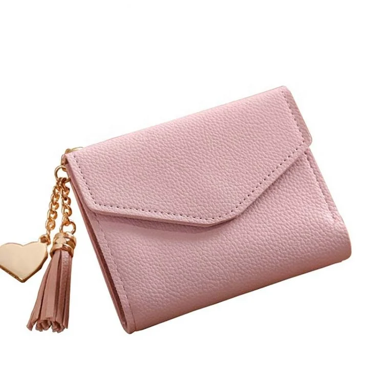 custom logo pink ladies heart pendant leather foldable card bags tassel women purse short wallet