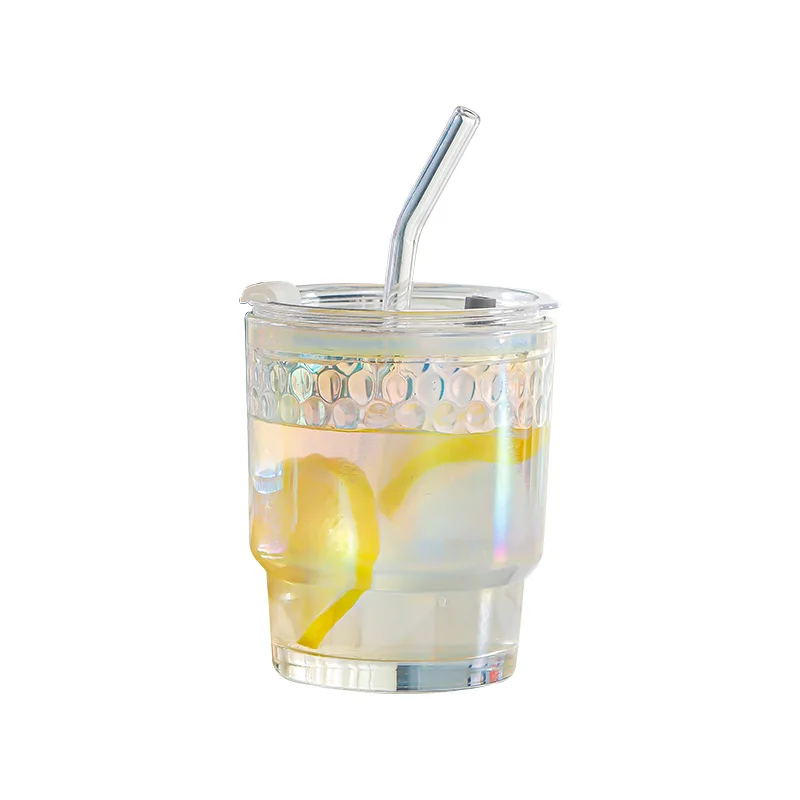 Modern Iridescent Electroplated Drink Cup 400 ml Glass Cup With Lid And Straw