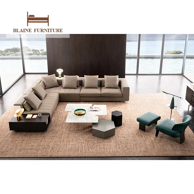 Italian Minimalism Living Room Furniture Metal Frame 4 Seater Couch Designer Genuine Leather Premium Beige Sofa Set
